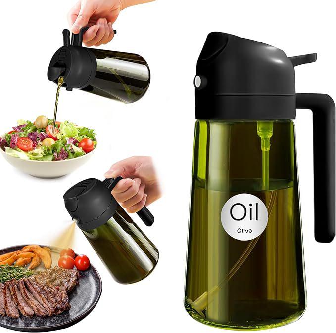 470ml Green Dual-Function Oil Dispenser: Large Capacity Glass Spray and Pour Bottle for Olive Oil