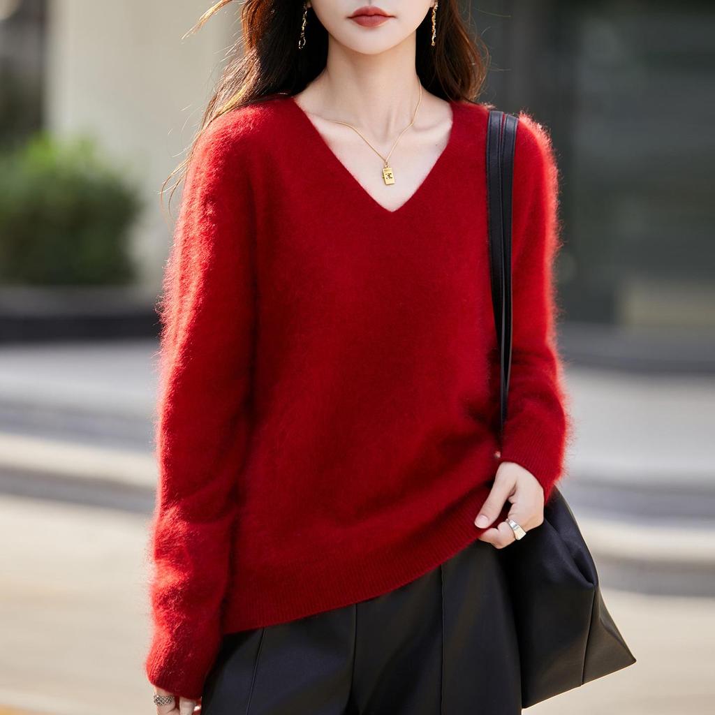 Women's V-Neck Cashmere Wool Pullover Sweater - Seamless, Brushed Knit, Long Sleeve for Autumn/Winter