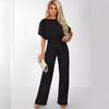 Women's clothing summer Jumpsuit, Elegant Short Sleeve Hollowed Waist Tie Solid Summer Wide Leg Pants