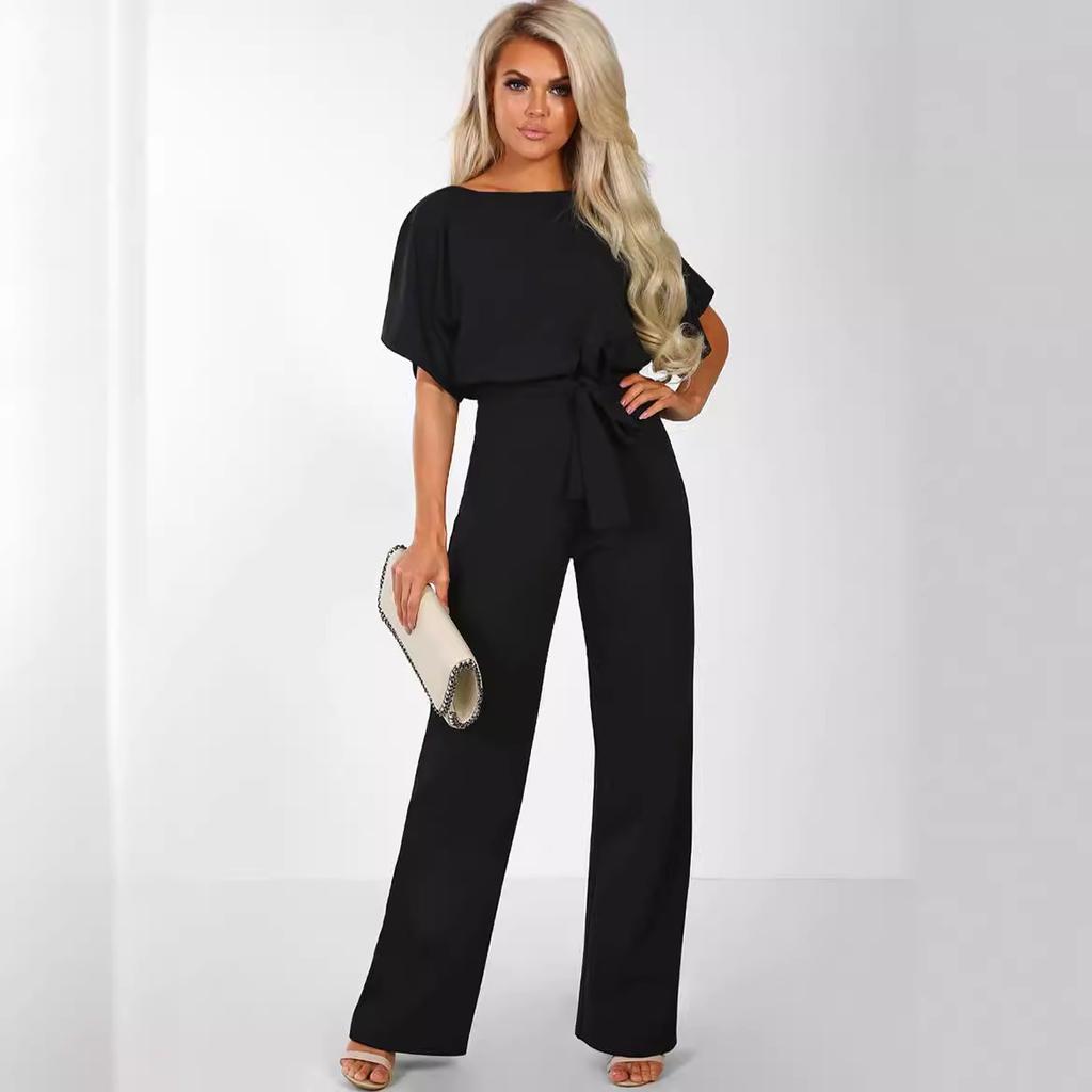 Women's clothing summer Jumpsuit, Elegant Short Sleeve Hollowed Waist Tie Solid Summer Wide Leg Pants