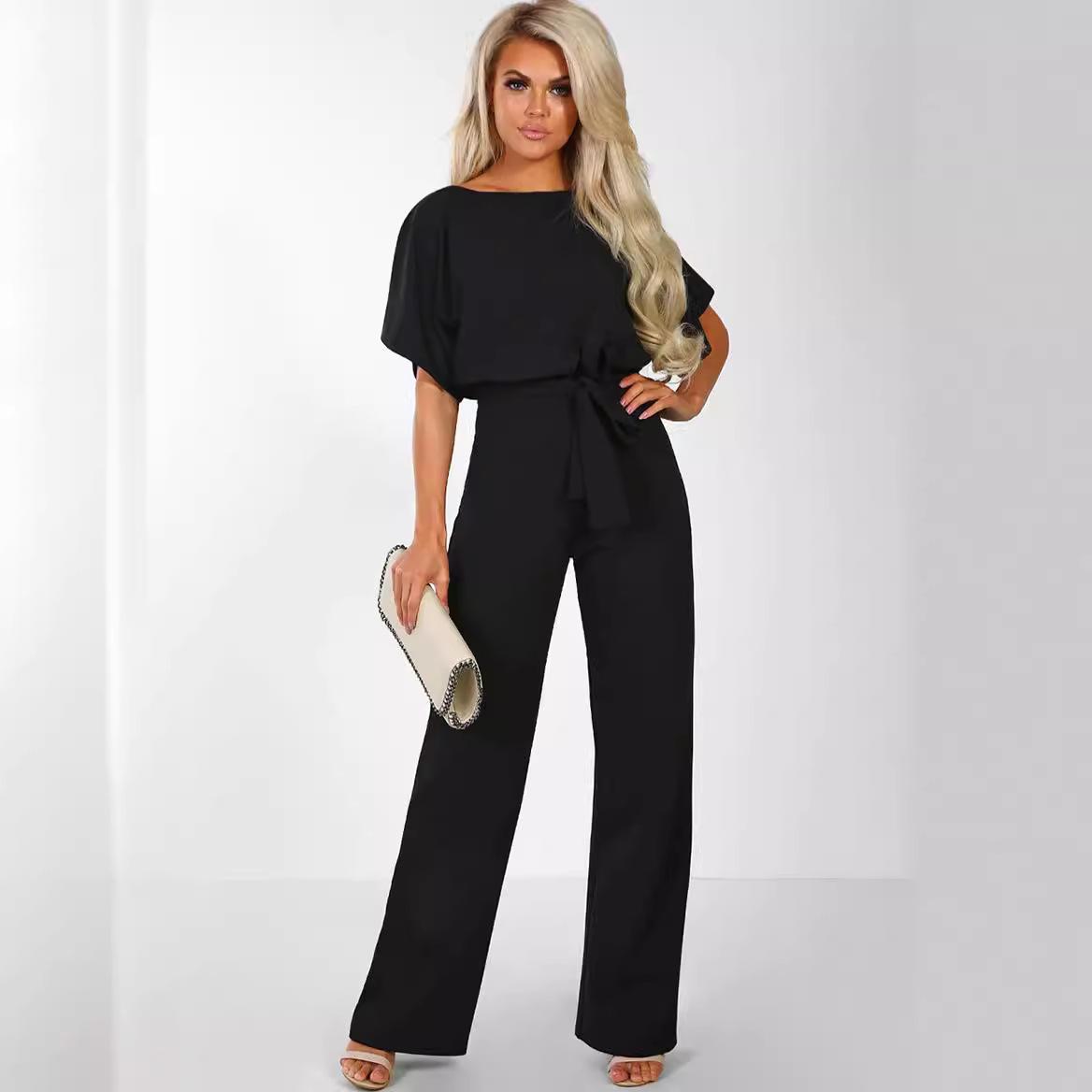 

Women s clothing summer Jumpsuit, Elegant Short Sleeve Hollowed Waist Tie Solid Summer Wide Leg Pants XS
