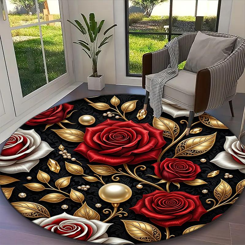 1pc Office Printed Round Carpet, Elegant Crimson Rose Petal Rug, Home Sofa Chair Mat For Christmas and Halloween Décor