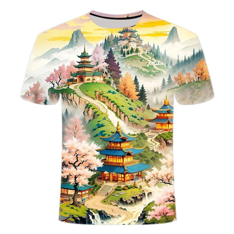 2024 Summer New 3D Printed Short Sleeve Antique Architectural Beauty Series Men's Crewneck T-shirt