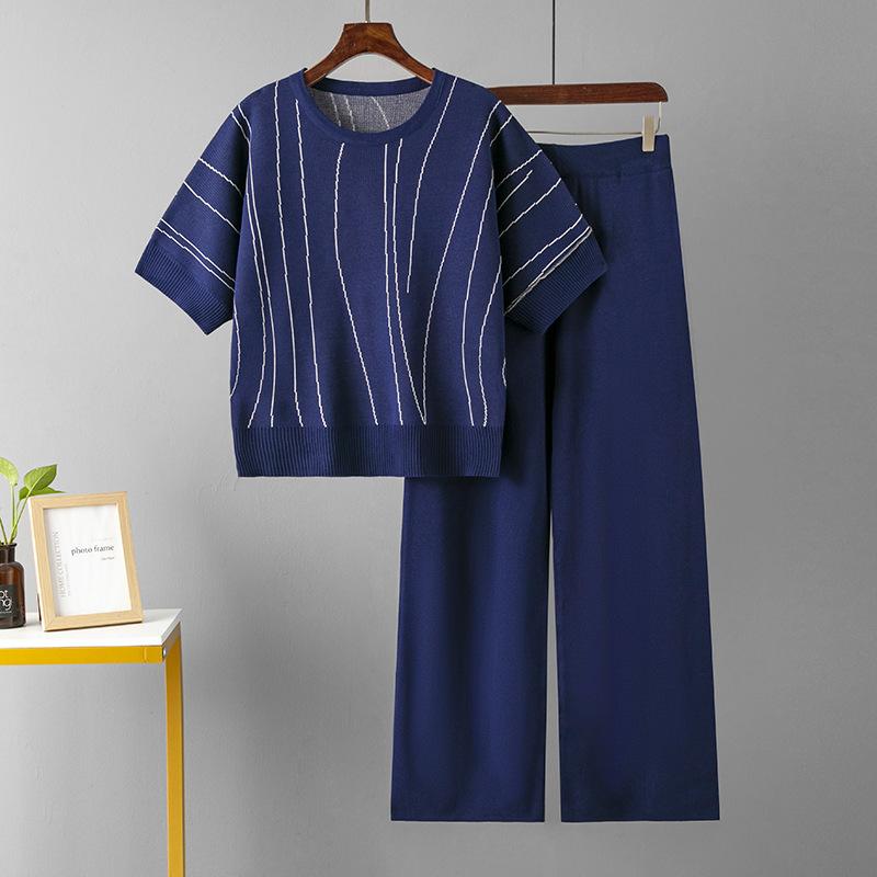 

Летняя женская футболка, брючный костюм, модный повседневный свободный комплект с рукавами «летучая мышь», большие размеры, полосатые широкие брюки, комплект из двух предметов One Size