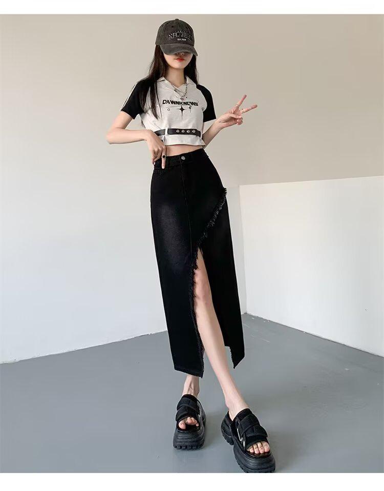 

Женская винтажная джинсовая юбка миди А-силуэта с высокой талией, рваным краем и модным разрезом XS: 68-78 lbs