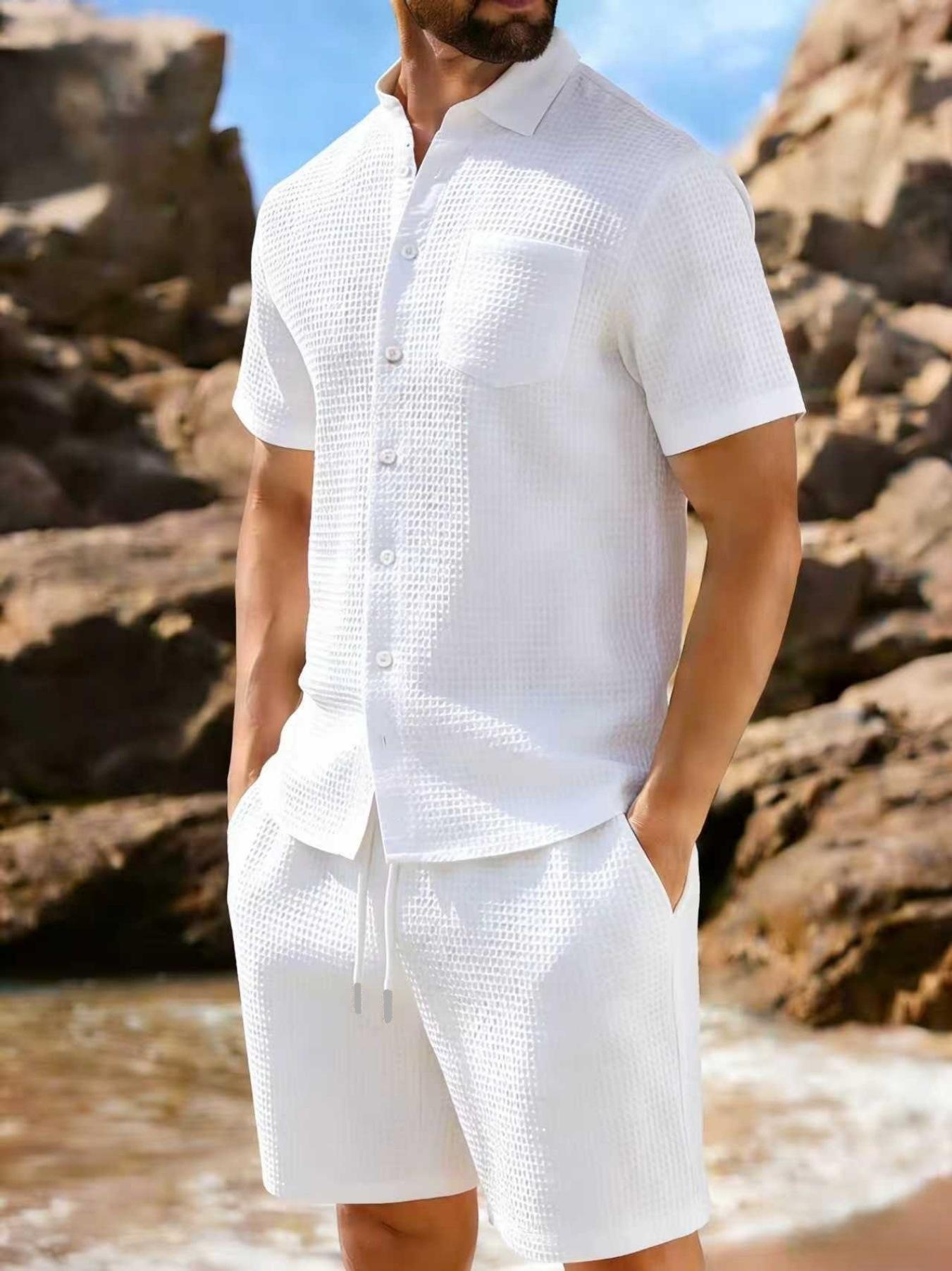 Men Solid Waffle Lapel Short Sleeve Casual Two Piece Sports Set S