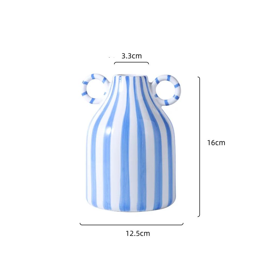Geometric Striped Ceramic Vase Double-eared Ceramic Pot Shape Flower Vase Flower Arrangement Accessories Home Decoration