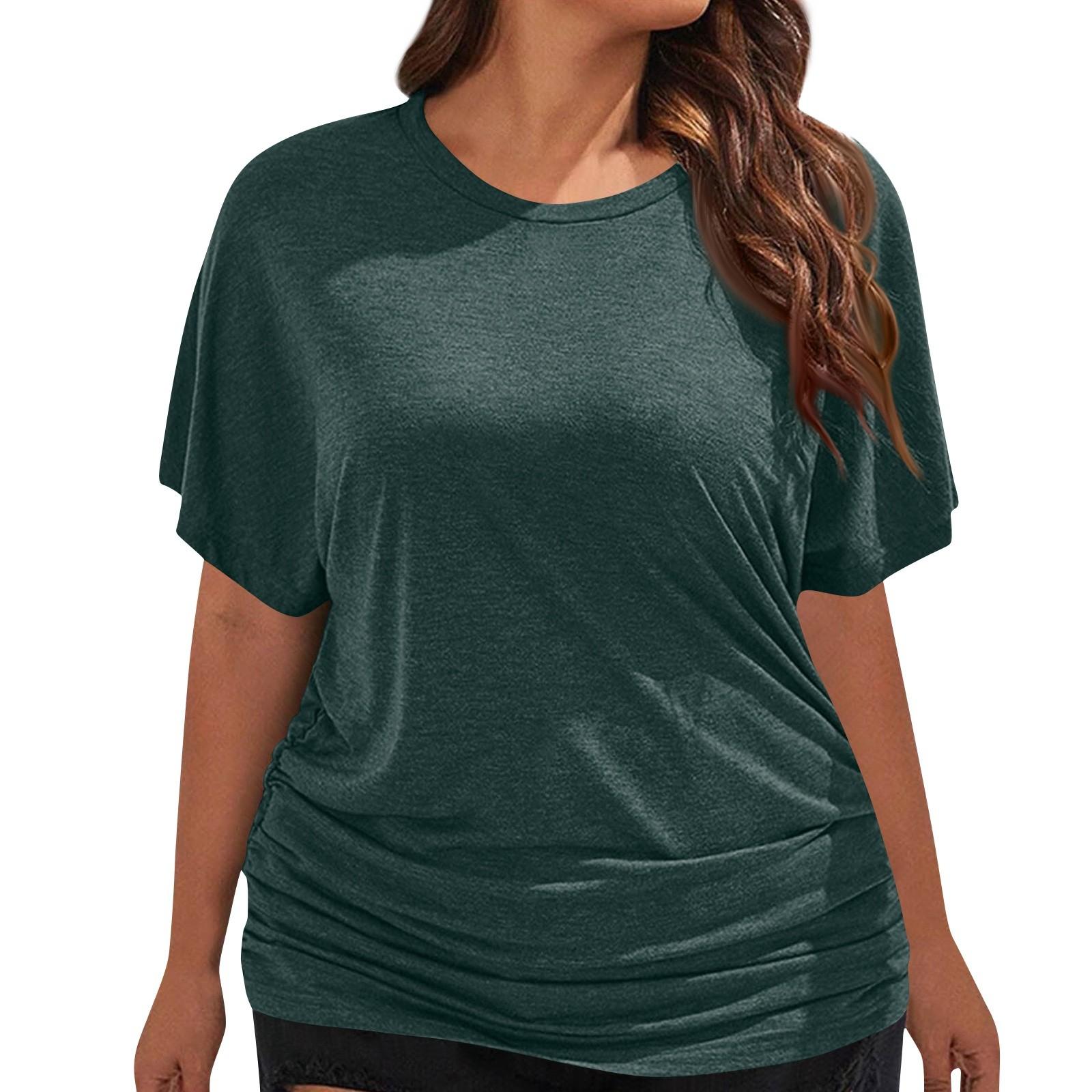 

Женская модная однотонная футболка с круглым вырезом, плиссированная, с короткими рукавами, свободная, повседневная XXXXL