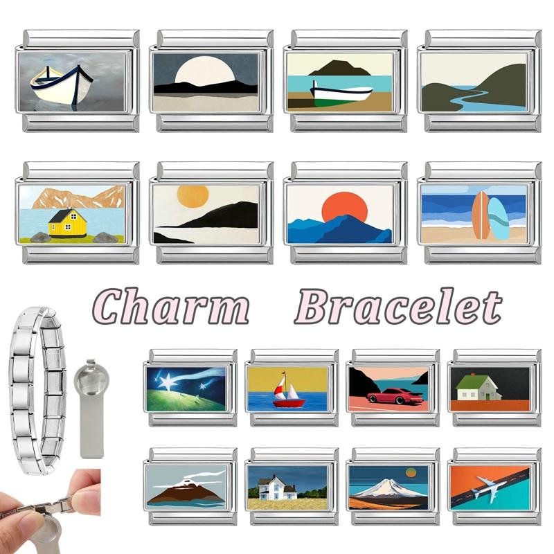 Wholesale Natural Scenery Series Sunrise Boat Car Italian Charm Links Fit 9mm Stainless Steel Bracelet DIY Making Jewelry Gifts