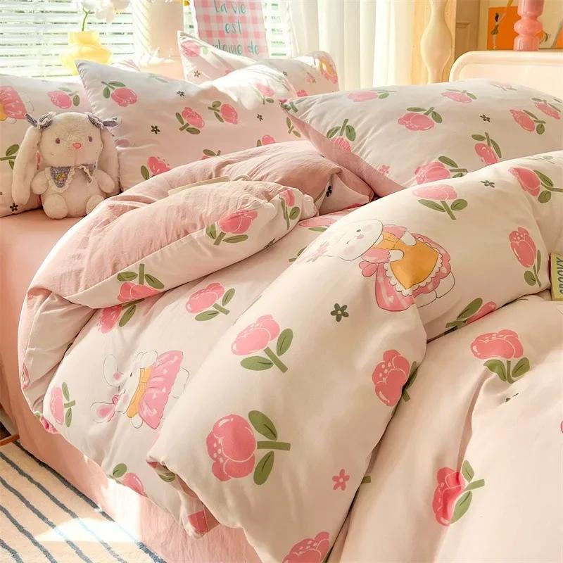 4pcs/set Plant Floral Print Set A Duvet Cover and Bed Sheet A Pair of Pillowcases Suitable for Bedroom Home Decor Bedding Sets