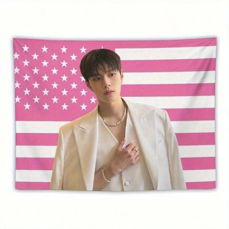 SKZ K-Kim Seungmin Pink American Flag Tapestry, K-Pop Idol Wall Hanging for Bedroom, Dorm & Fan Room Decor