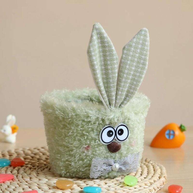 55KF Bunnies Easters Buckets with Long Plush Ear Easters Eggs Baskets Easters Party Decors Candy Bowl Easters Basket