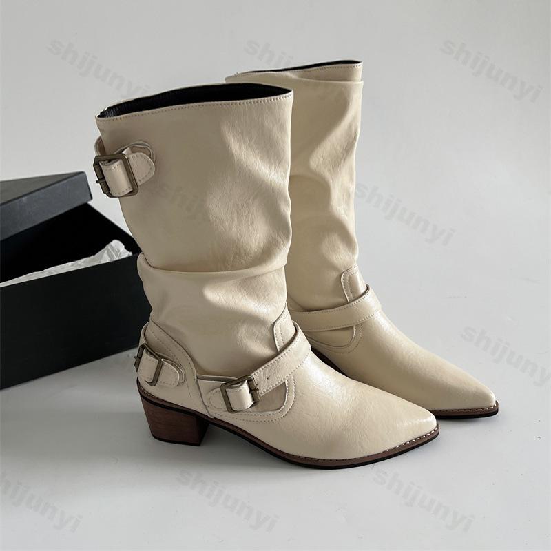 Mode Herbst Damen Schuhe Mid Calf Stiefel Modisches Neues Muster Vintage Spitz Zehen Dicke Absätze Weiches Leder Hoher Absatz Bequeme Botas