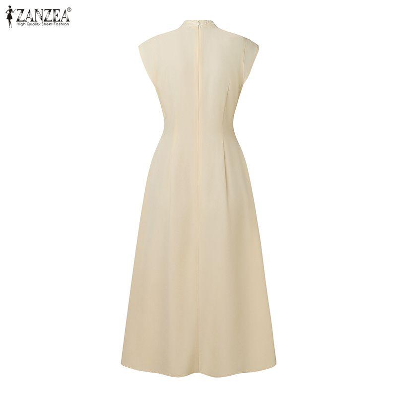 ZANZEA Women Stand Collar Summer Casual Short Sleeve Patchwork Lace Dress