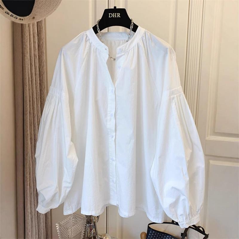 Spring and Autumn new women's clothing retro pleated bubble sleeves loose shirt clothes women's chic shirt