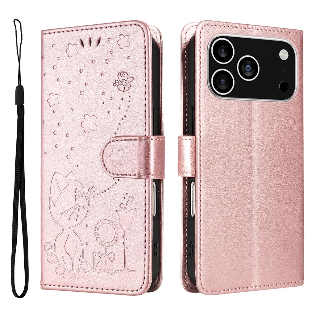 For iPhone 17 Pro Leather Wallet Case Cat Bee Pattern Phone Cover Stand
