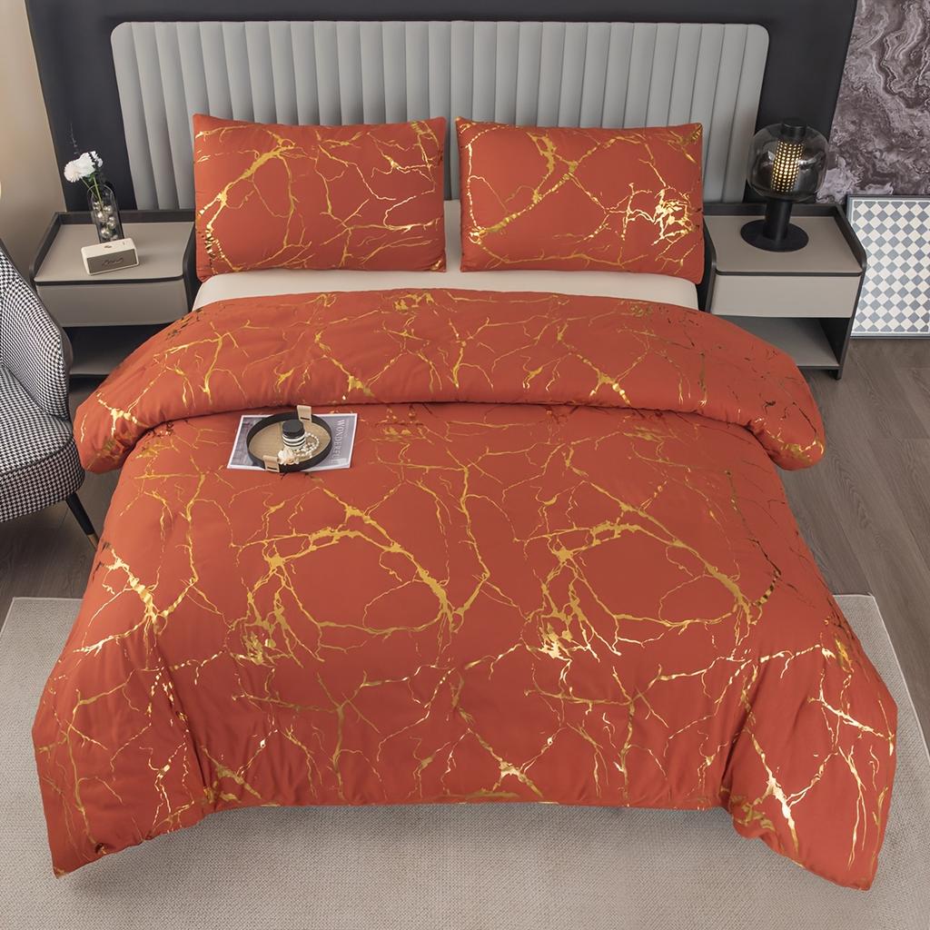 3Pcs Modern Simple Bedding Set Solid Color Pink/Grey/Green/Blue/Purple Marble Pattern Hot Stamping/Silvery Duvet Cover Set