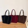 Vintage European Style Leather Corduroy Tote Bag For Daily Use With Magnetic Closure And Interior Pockets
