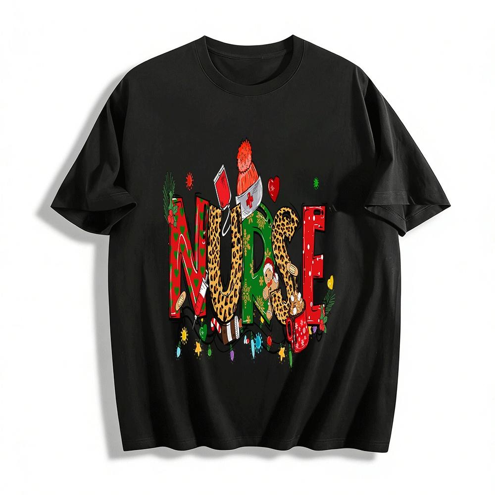 Christmas Themed Nurse Print Casual Top Pure cotton T-shirt XXS