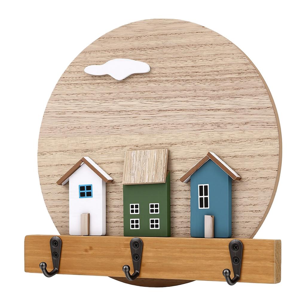 Wall Mounted Key Holder 3 Metal Hooks Round Wooden Key Holder for Entrances Corridors Bedrooms Living Rooms