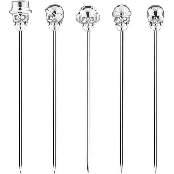 5 Piece Cocktail Picks Stainless Steel Skull Tops Martini Picks Reusable Olive Picks (Antique Silver) серебряный