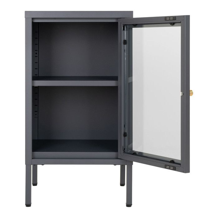Small Sideboard with 1 Door, 38x35x70 Cm, In Glass and Gray Metal