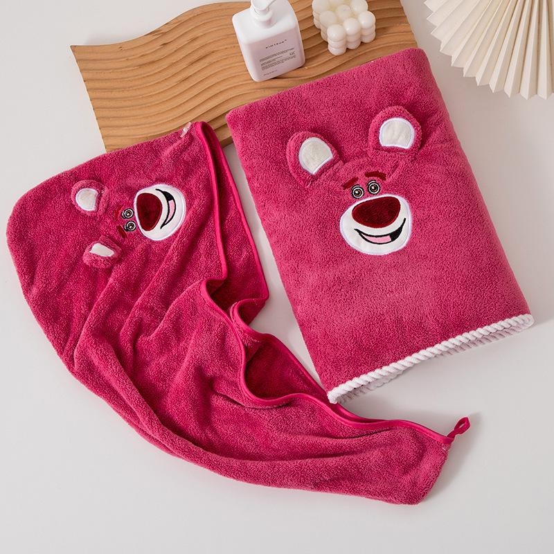Strawberry Bear Coral Fleece Towel Set: Bath Towel, Bathrobe & Hair Drying Cap - Soft & Absorbent for Women