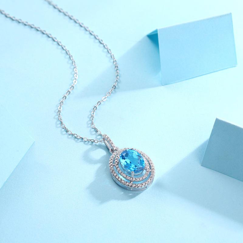 Tancise S925 Sterling Silver Sea Blue Topaz Luxury Personality Pendant Necklace Women's Classic Tide Sugar Full of Wild Clavicle Chain.