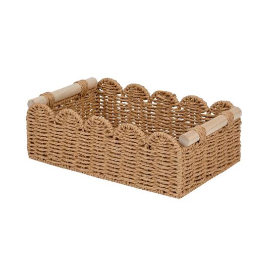 Yousheng Handwoven Storage Basket Handcrafted Scalloped Basket with Wooden Handles Rustic Toilet Paper Storage Basket for Bathroom Bedroom Storage