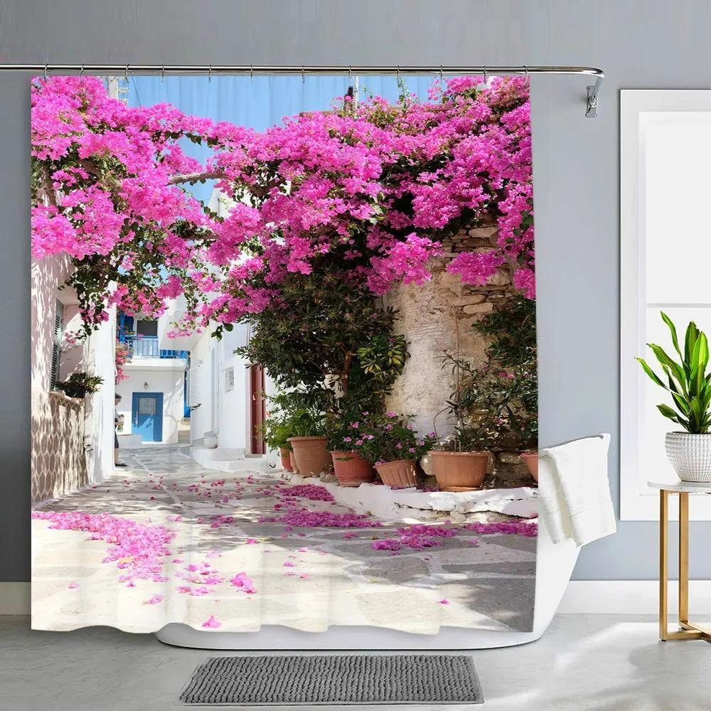 Old Door With Flowers In Verona Italy Shower Curtain Outdoor Street Garden Landscape Polyester Shower Curtains Bathroom Decor