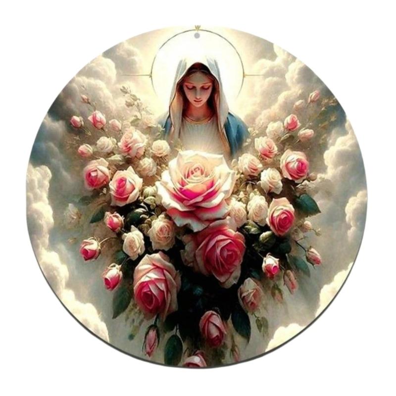 Wooden Angel Reading Book Round Plaque Front Door Hanging Ornament Easy Mount Wall Sign For Home Garden Decoration