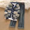 Chic Women's Vintage Color Block Knit Cardigan & High Waist Jeans Set for Autumn/Winter