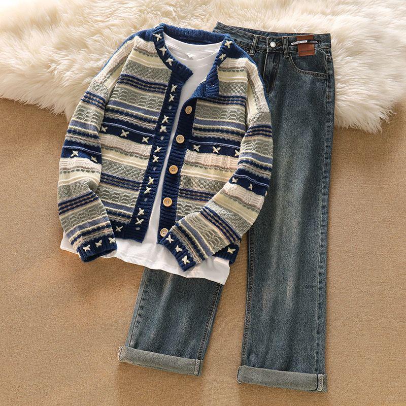 Chic Women's Vintage Color Block Knit Cardigan & High Waist Jeans Set for Autumn/Winter