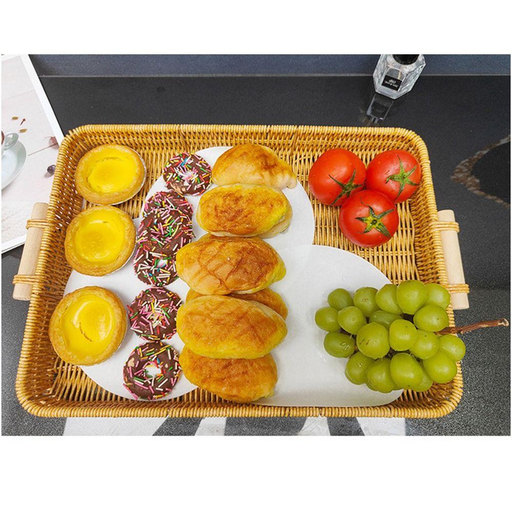 Plastic Rattan Threads Food Serving Tray Wooden Handle Desktop Organizer  Office