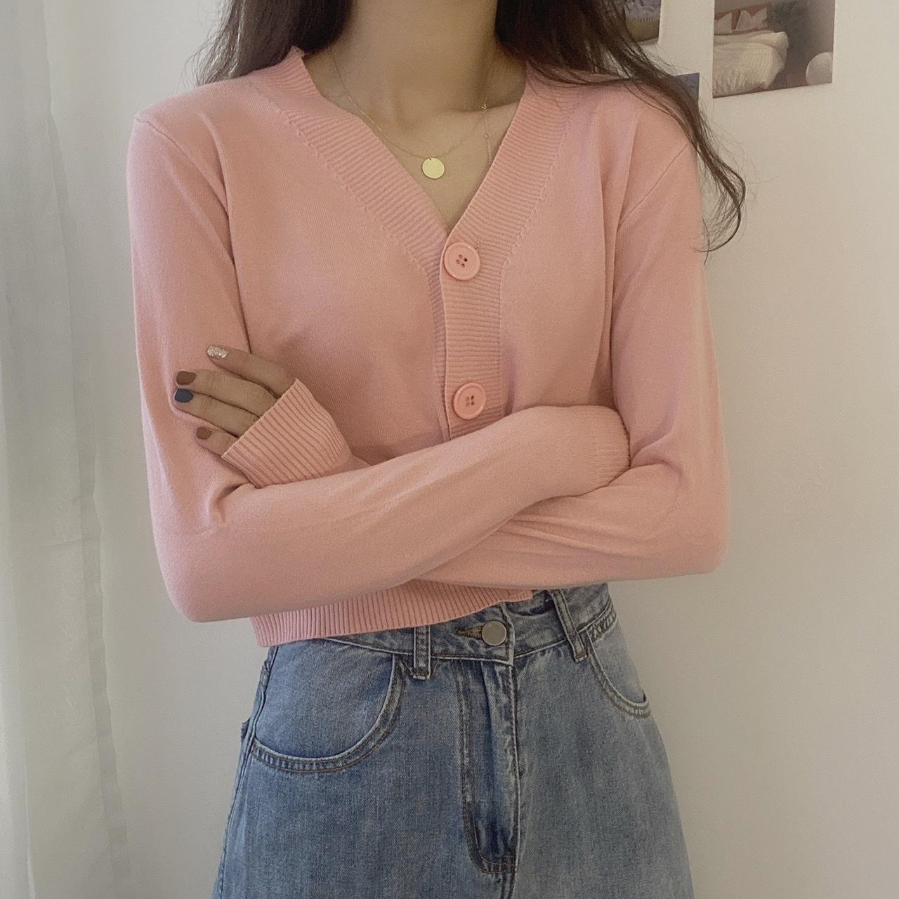 

Однобортный пуловер с v-образным вырезом на пуговицах, свитера для женщин, осень-весна, короткий рукав с длинным рукавом, маленькая свежая верхняя одежда, вязаные топы-кардиганы, один размер, однотонный OneSize розовый