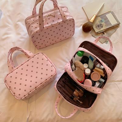 Polka Dot Women Handheld Makeup Bag Large Capacity 3-Layer Partition Travel Toiletry Organizer for Skincare Cosmetic Brushes