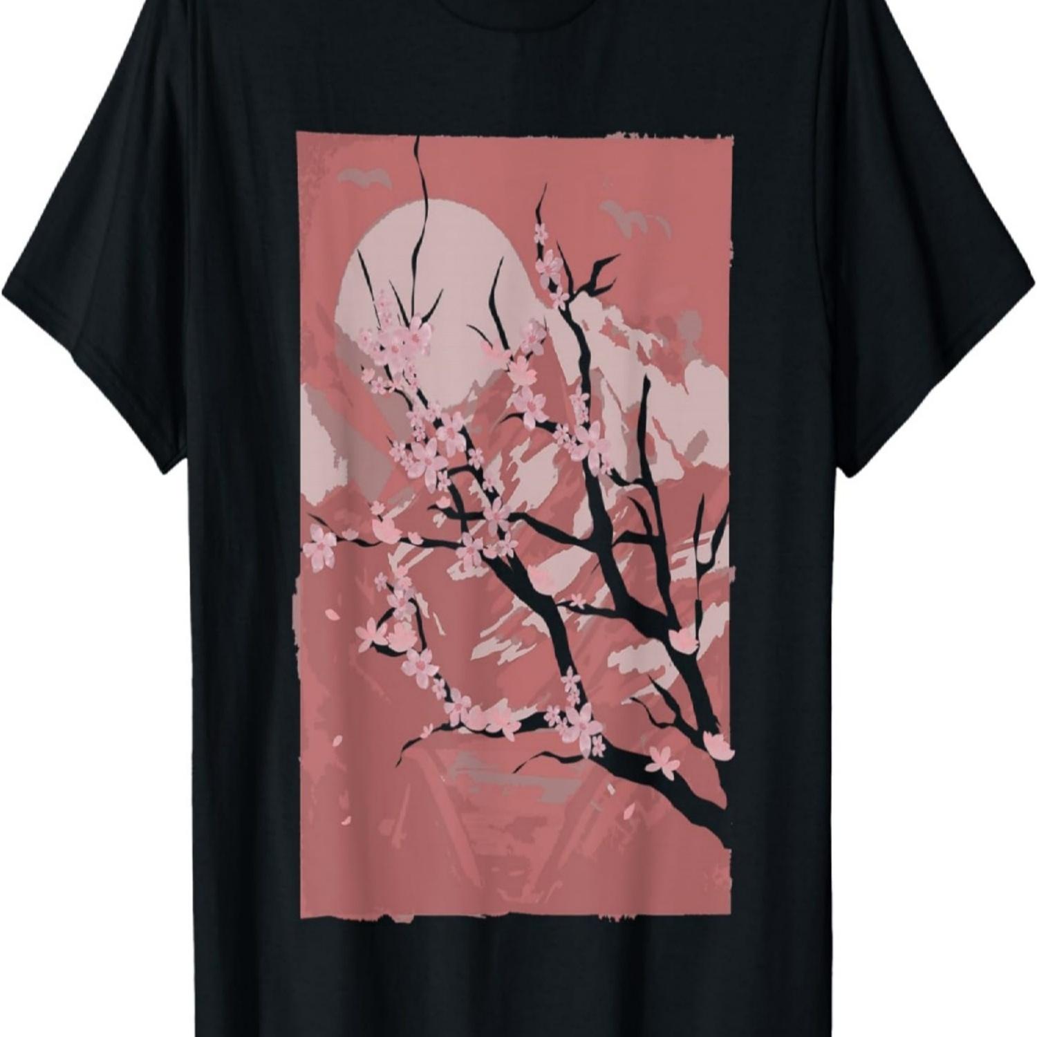 Mountain Sunset Pink Flower Japan Sakura Cherry Blossom T-Shirt(1) S чёрный