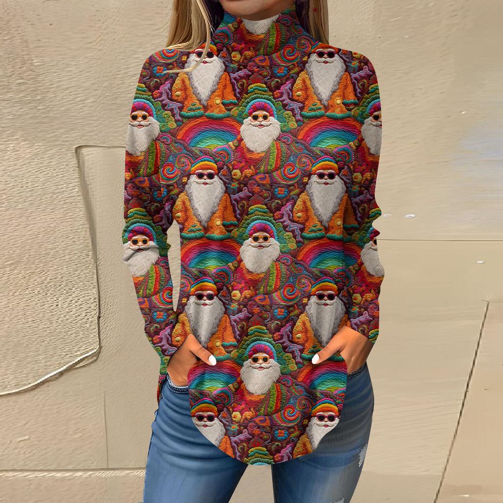 Damen Herbst Casual Langarmshirts Sweatshirt Vintage Bedrucktes High Neck Top Pullover