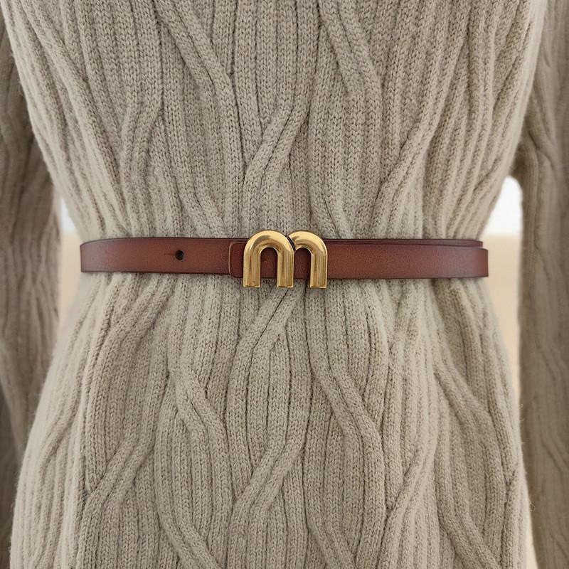 Womens Fashionable Minimalist Genuine Leather Belt Mshaped Metal Buckle Belt