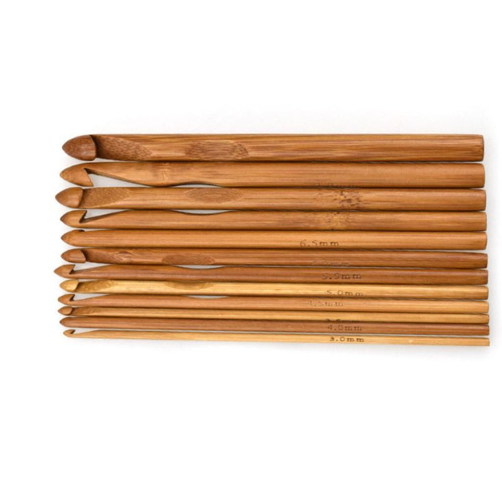 12pcs Crochet Hooks Carbonized Round Bamboo Ergonomic Handle Recognizable Size Knitting Needles Set