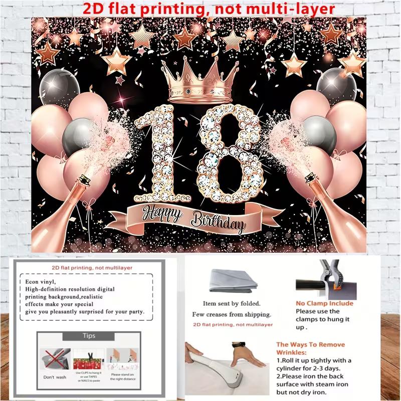 2D 18th Birthday Backdrop with Champagne, Balloons & Confetti for Teens
