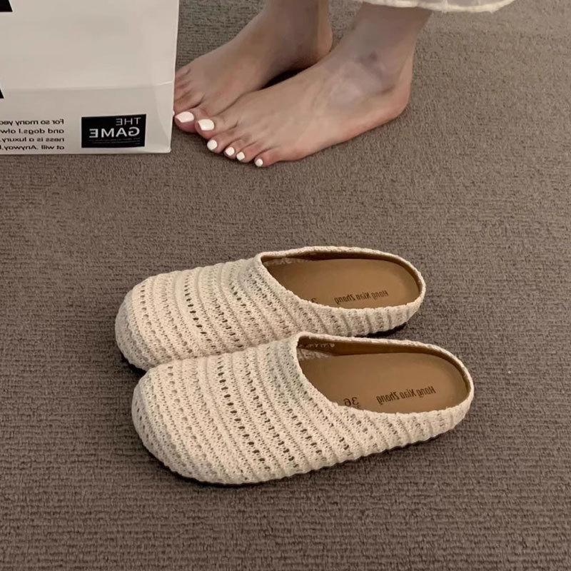 Fashion woven hollow breathable bag head half drag women's outer wear 2025 spring and summer new thick soft bottom cool slippers