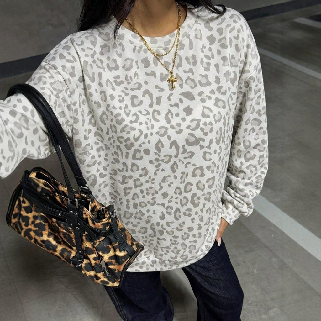 2026 Autumn and Winter New European and American Women's Clothing Leopard Print Crew Neck Printing Loose Sweatshirt Sweater