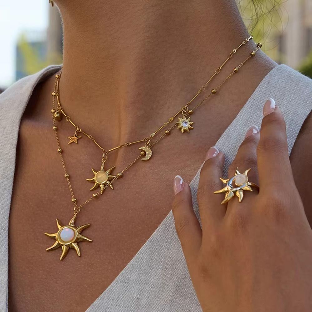 Bohemian 18K Gold Plated Necklace Stainless Steel Double Stacked Neck Chain Sun Pendant  Beach