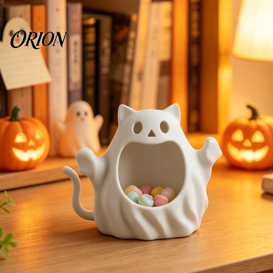 PLA Material Craft Decor 3D Printed Halloween Ghost Cat Storage Holder, Decorative Kitten Statue with Trendy Desktop Container Hollow Storage,