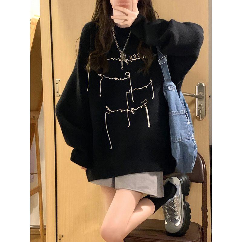 

Sweater Women s Autumn and Winter Letters High School Junior High School Student Youth 13-Year-Old Girl 15 Thickened Knitting Bottoming Shirt Tops Black [quality]] S