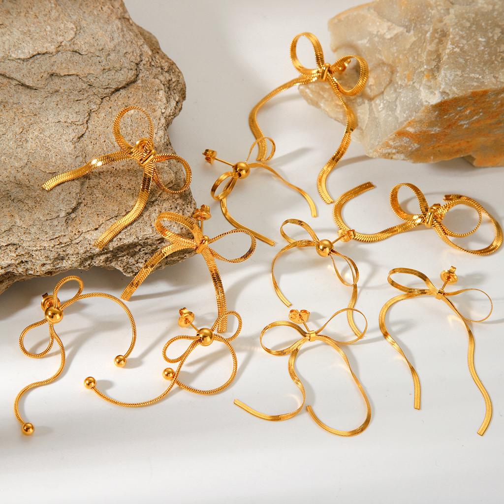 Golden Snake Bone Chain Bow Earrings For Women Fashion Versatile Dainty Ear Jewelry