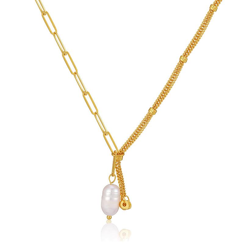 French Splicing Design Niche 18k Gold Plated Freshwater Pearl Clavicle Sweater Necklace