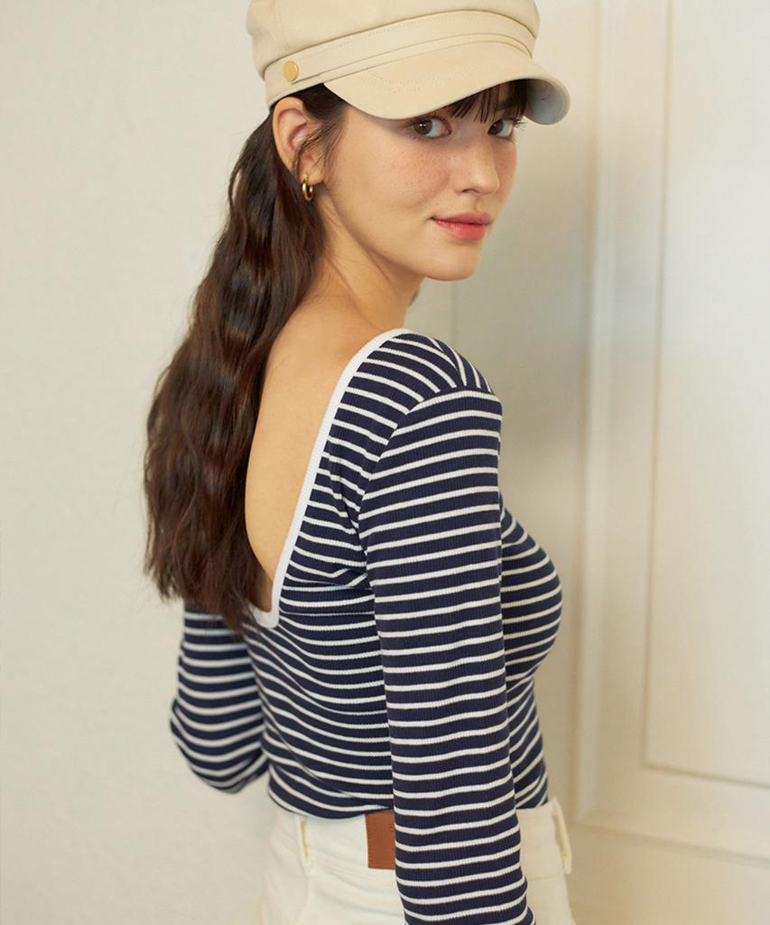 SALON DE YOHN Back Point Stripe T_ Navy