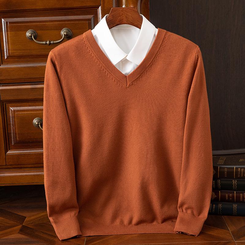 Suéter de Punto para Hombre con Cuello en V - Casual, de Negocios, Corte Holgado, Color Sólido, Manga Larga